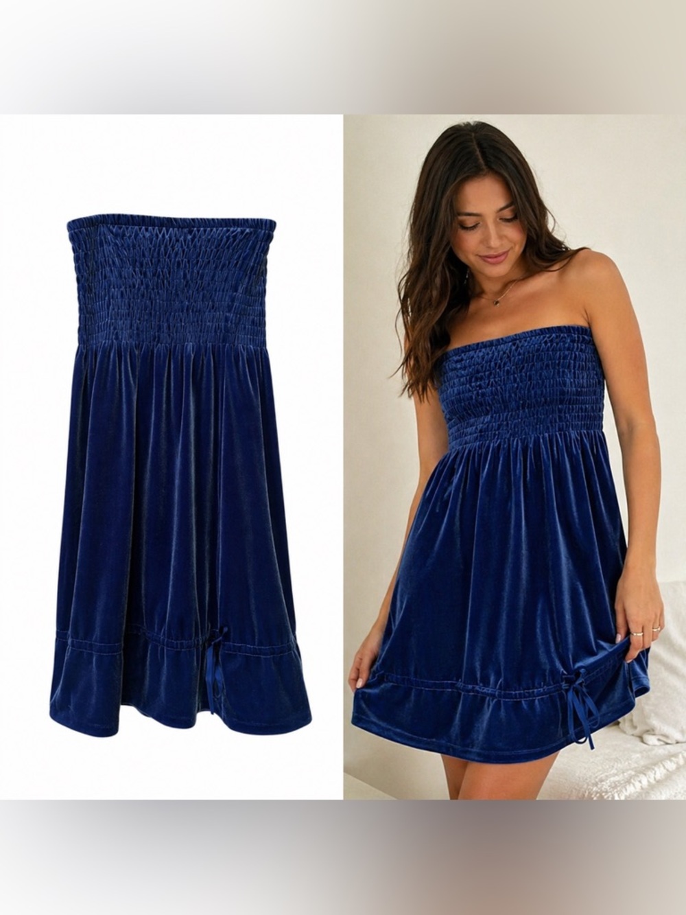 Blue Velvet Strapless Dress Smocked Bodice Fairycore Soft Girl S